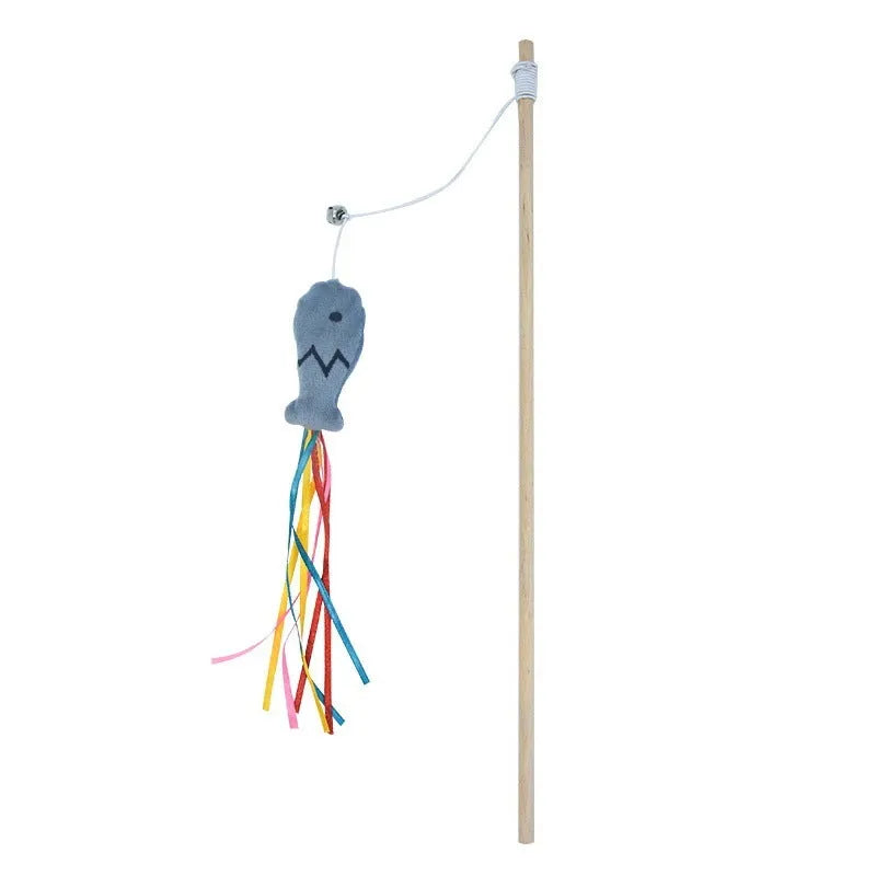 Cat wand toy with colourful ribbons, catnip fish, bell, and wooden handle for interactive play
