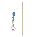 Cat wand toy with colourful ribbons, catnip fish, bell, and wooden handle for interactive play