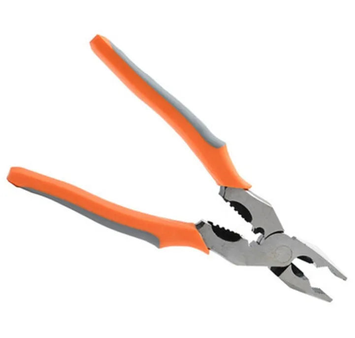 Orange multi-function wire cutter pliers with plastic handles and alloy steel jaws.
