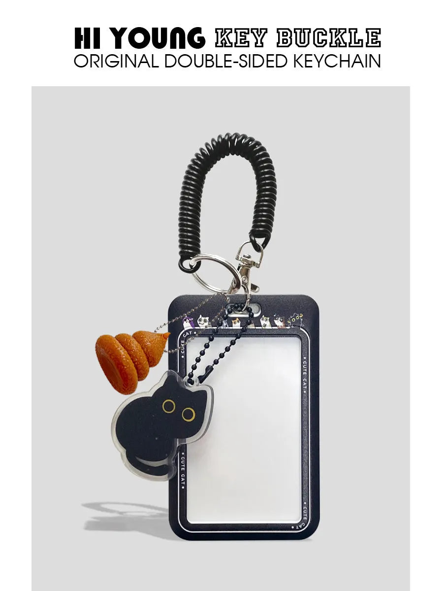Cartoon little black cat design plastic card holder with ferrule pendant attachment for student ID and transport cards
