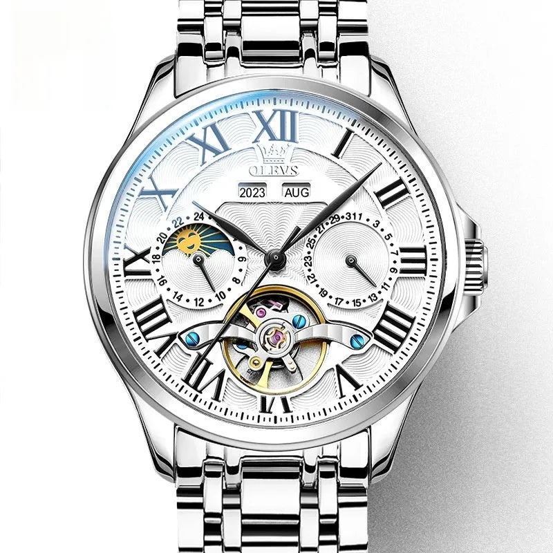 Men's 7013 automatic mechanical watch with double calendar dial and steel strap on white background
