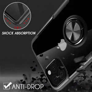 Black iPhone case with detachable car holder arm mounted on dashboard showing shockproof PC construction