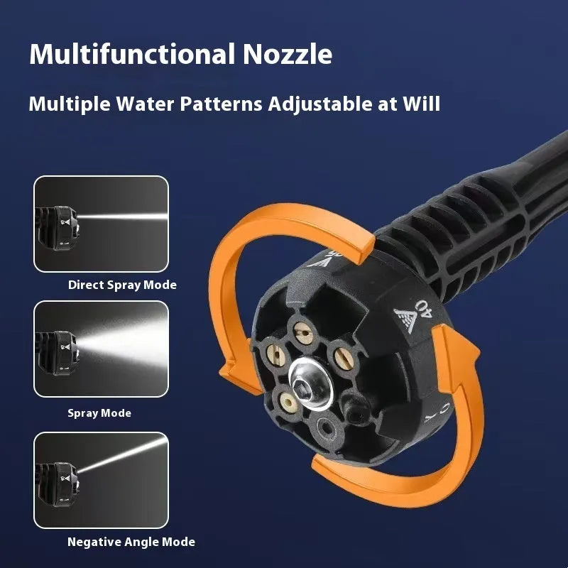 Green wireless high-pressure water gun with multiple nozzles and accessories on a white background