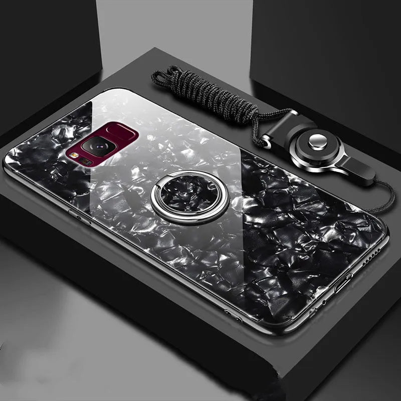 Samsung S8 or S9 phone in a black tempered glass and TPU back cover case