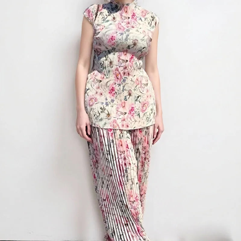 Women's printed chiffon two-piece dress set with long sleeves and a high-waisted skirt.