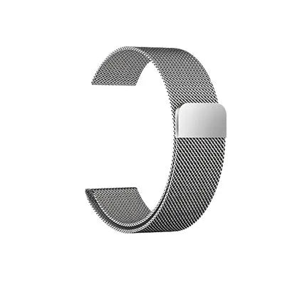 Stainless steel Apple Watch replacement strap in silver, showing metal links and clasp for 38mm-44mm models.