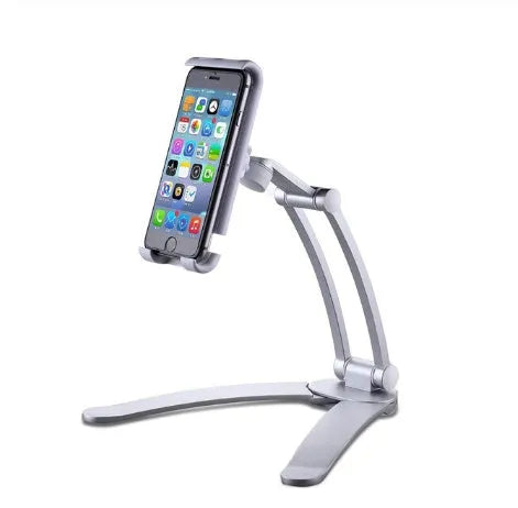 Silver aluminium alloy tablet stand holding a tablet, showing its 360-degree adjustable hinge and chuck system.