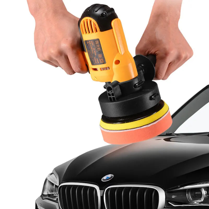 Yellow automotive polishing machine with 125mm disc on 220V power supply for car and multi-surface polishing