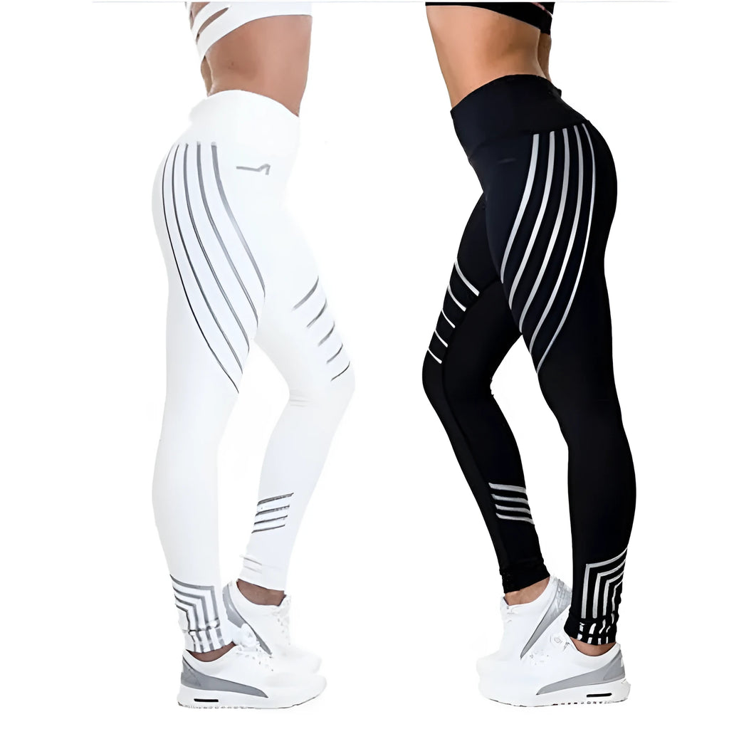 Women's black and white glowing print fitness leggings in milk silk fabric showing slim fit design