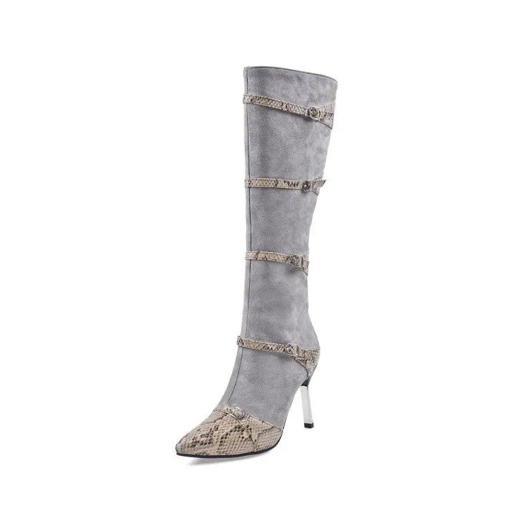 Women's grey knee-high high-heel boots with a thin 9cm heel and a 33cm shaft.