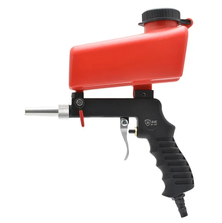 Portable small gravity pneumatic sandblasting gun with black or blue finish and 21 lb tank
