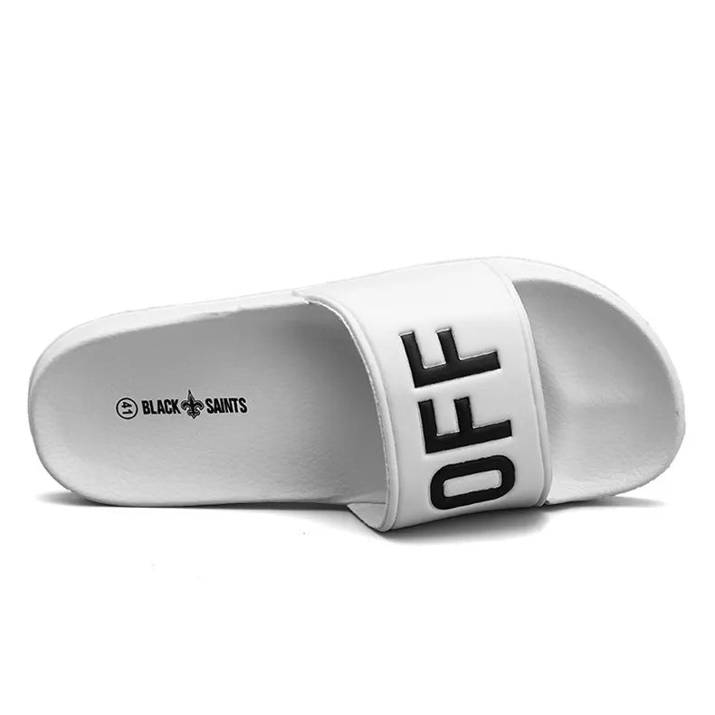 Large size men's personalised open toe slippers with rubber soles in black and white colour options