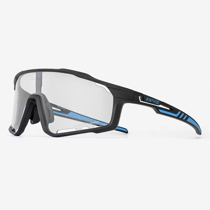 Photochromic cycling sunglasses with TR90 frame and semi-rimless design for outdoor sports.