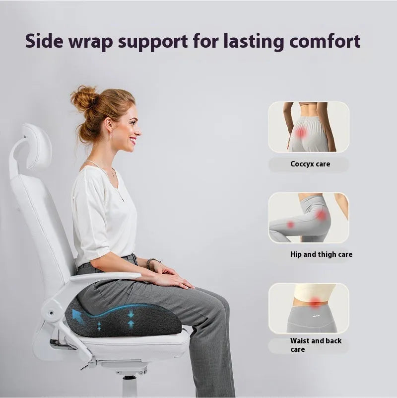 Memory foam office chair cushion in solid colour showing light grey, black and green options