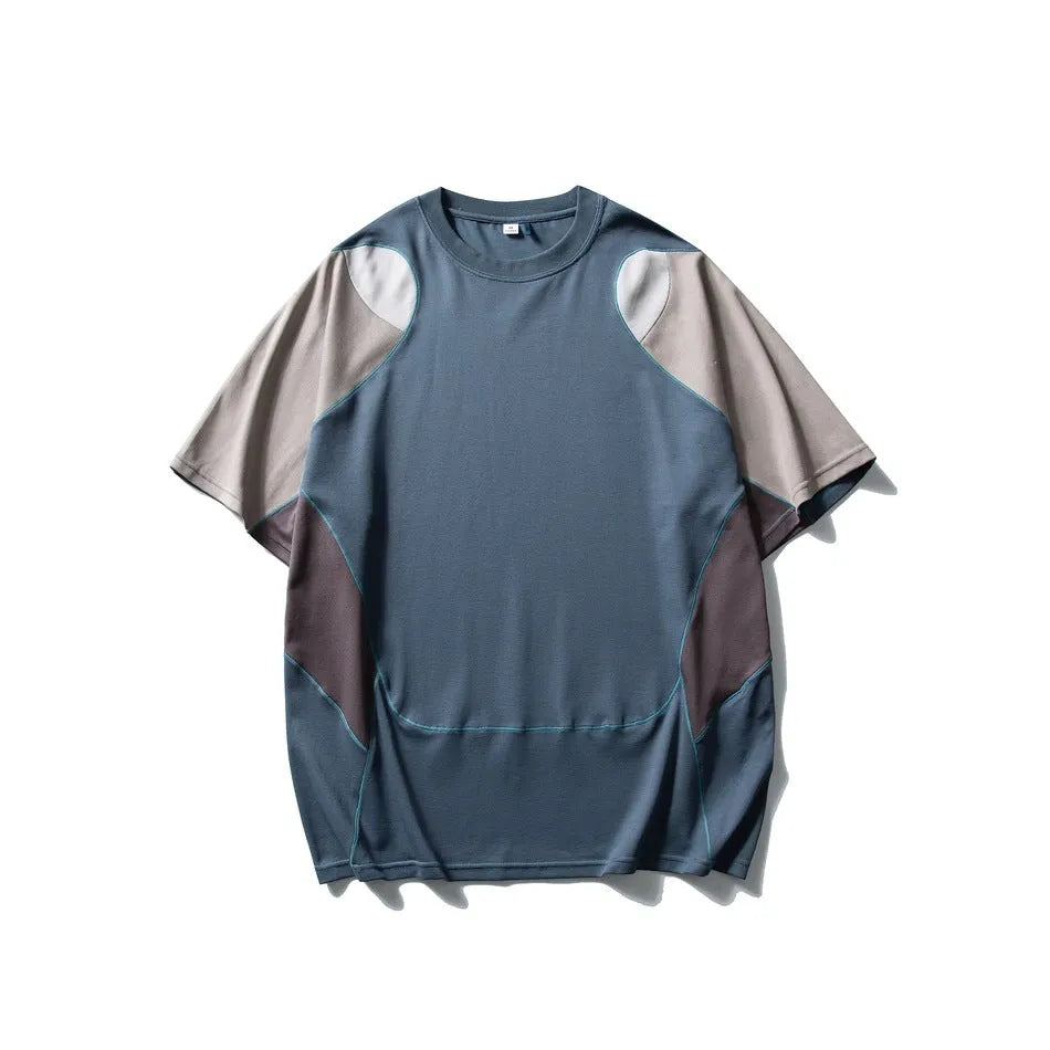 Men's loose patchwork contrast colour cotton blend sports T-shirt with short raglan sleeves.