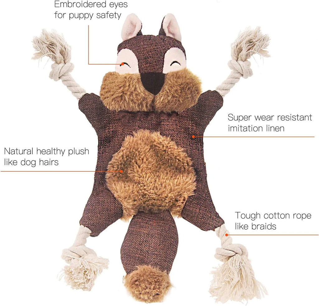 Brown fox dog toy with squeaker in head, crinkle body, and cotton rope arms and legs
