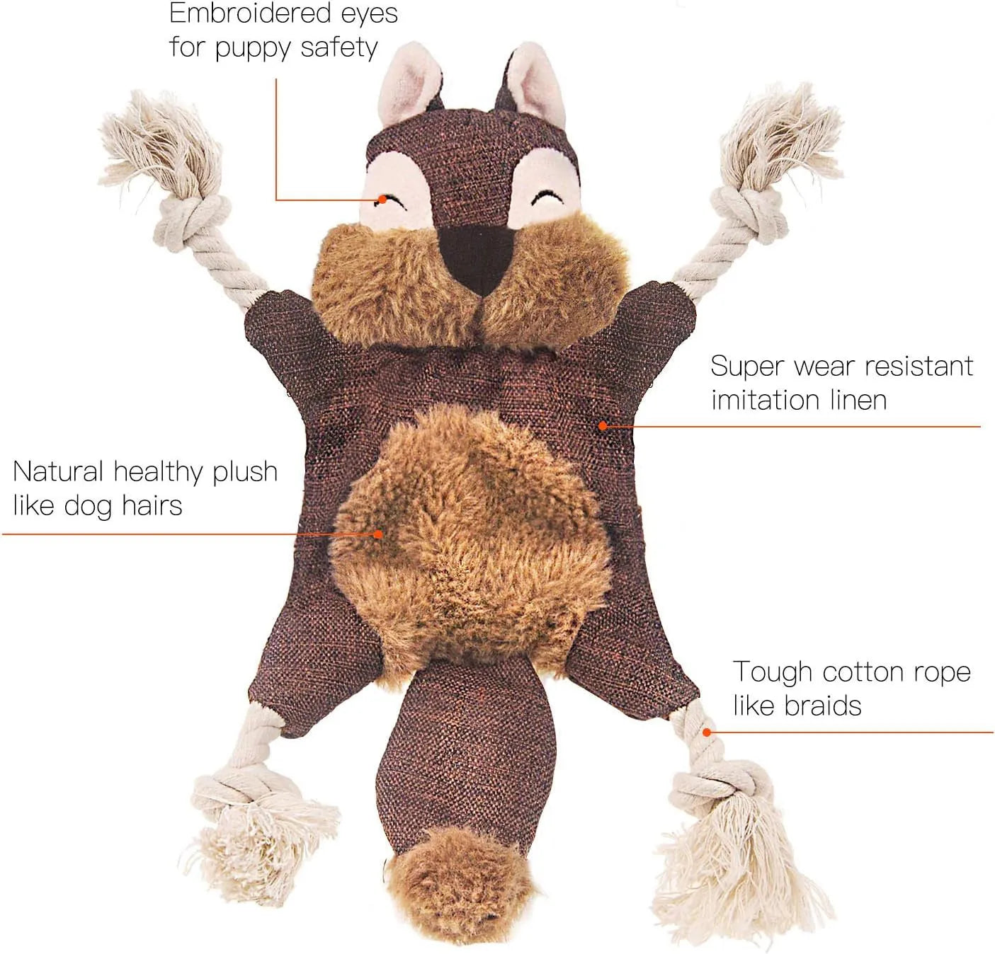Brown fox dog toy with squeaker in head, crinkle body, and cotton rope arms and legs