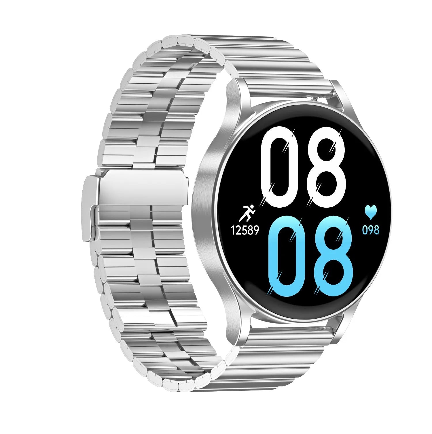 SmartWatch with white background dial and multiple strap colour options steel belt black and silver