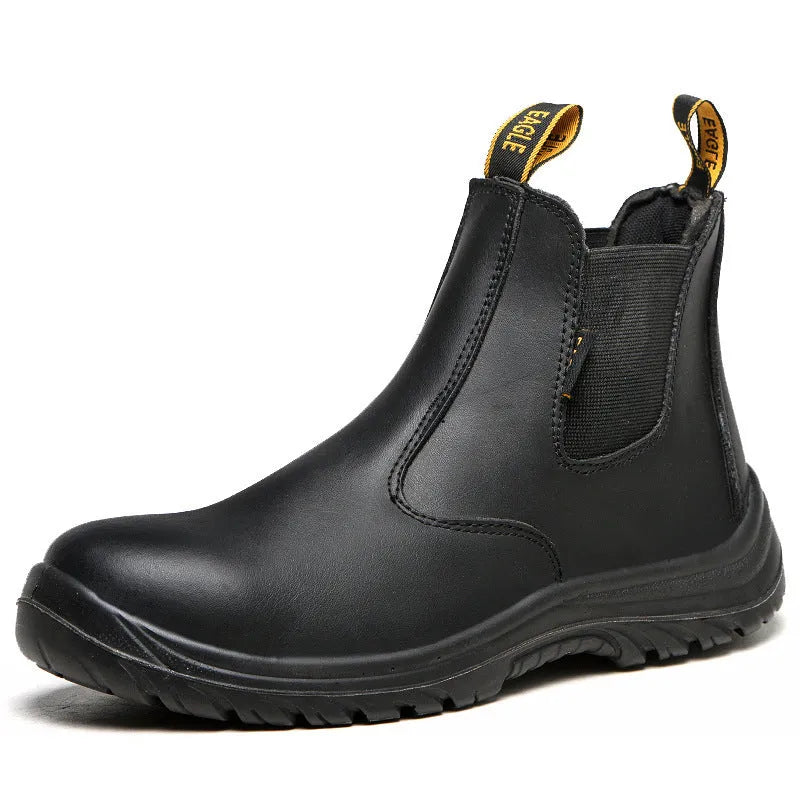 Black high-top leather safety work boots with anti-piercing sole on a white background.