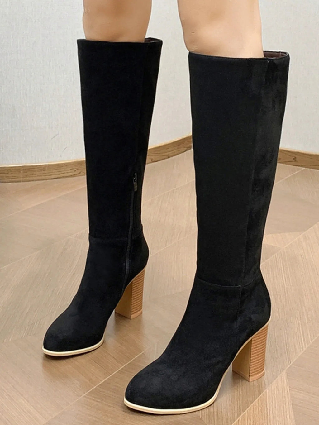 Women's black square toe high heel fashion boots made from PU leather