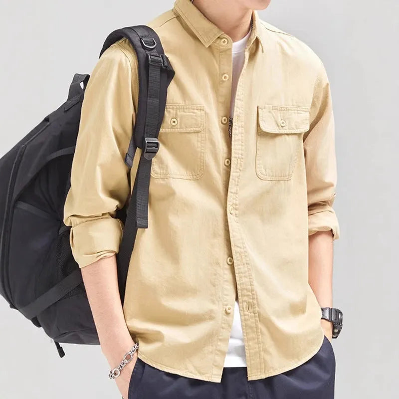 Men's loose style long sleeve shirt overalls cardigan in polyester fibre