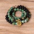 Green and black elastic beaded long bracelet with alloy beads on stretch band