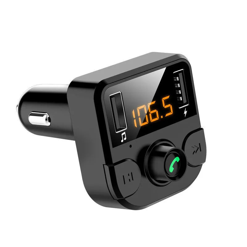 Black BT36B car Bluetooth MP3 player with 1.1-inch screen, plugged into a vehicle cigarette lighter socket.