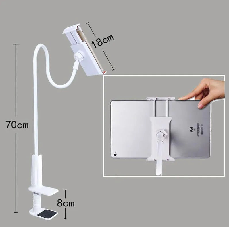 Black oversize flat panel bedside phone holder with long flexible aluminium arm on a table