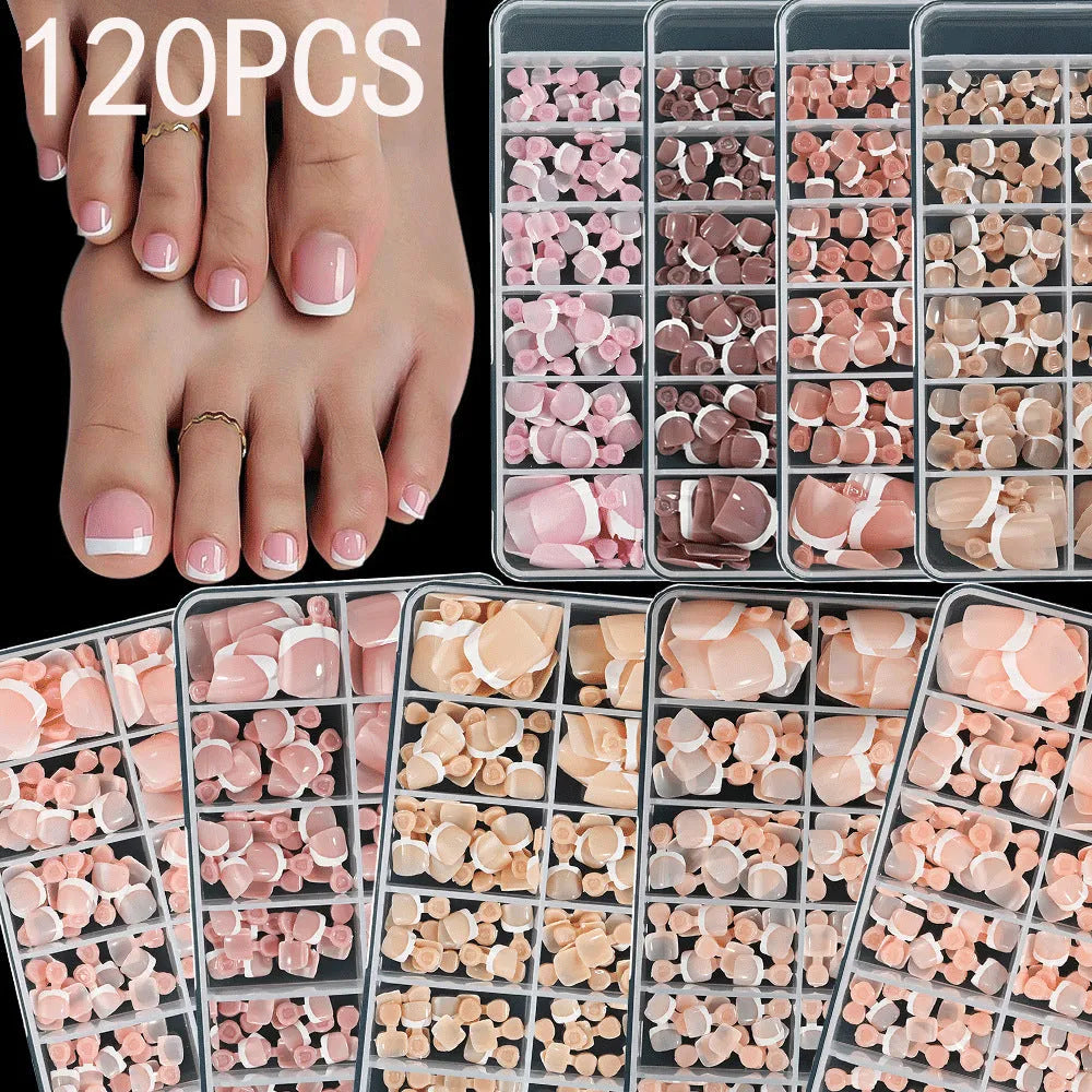 Open box showing 120 nude false toe nails with French white edges and a full-square short shape.