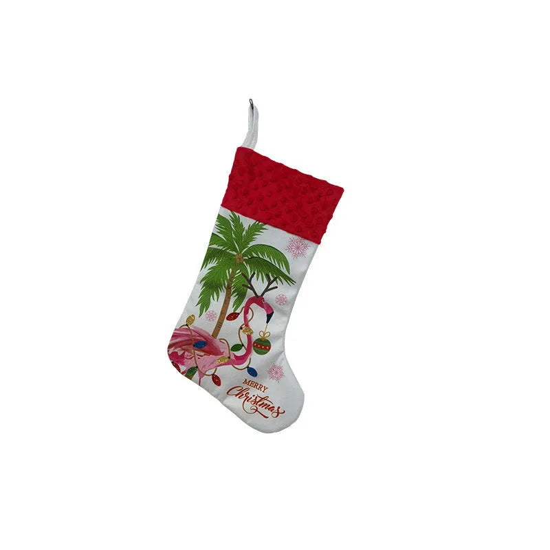 Flamingo Christmas stocking decoration in cloth material measuring 46 by 28 centimetres