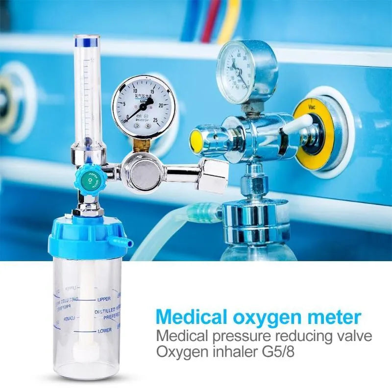 Blue oxygen pressure reducer with 0.25 MPa rated outlet on white background
