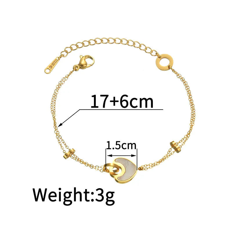 Women's stainless steel bracelet with double-layer design and a hanging heart charm in a resin-like electroplated finish.