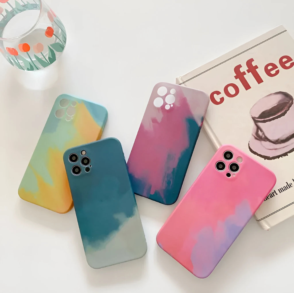 Soft silicone iPhone case with gradient abstract geometry pattern in blue, green, pink or purple colour options
