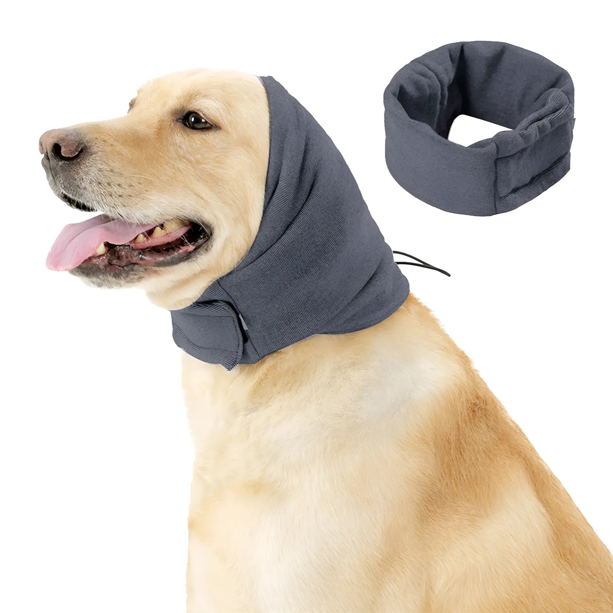 Dog wearing black calming hoodie head cover with ear wraps for noise reduction and anxiety relief