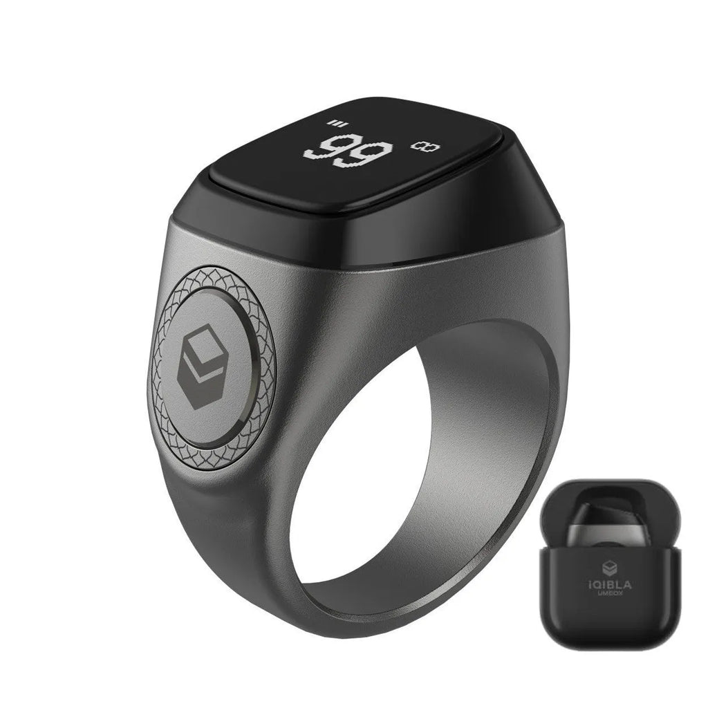 Zikr1 Tasbih smart counter ring in metal with OLED display, shown in available colours.