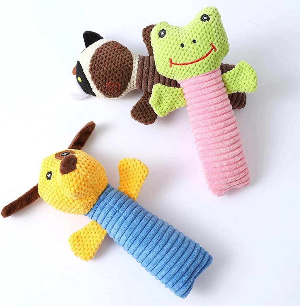 Dog squeaky chew toy shaped like a stuffed animal for dental cleaning and teething.