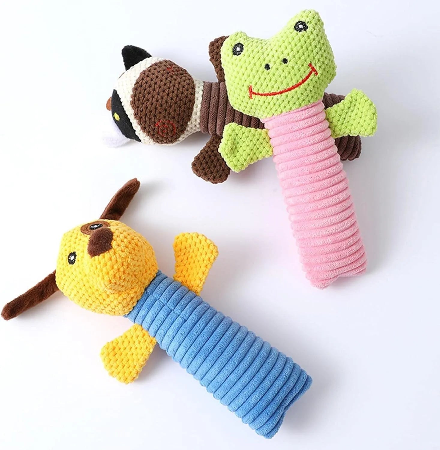 Dog squeaky chew toy shaped like a stuffed animal for dental cleaning and teething.
