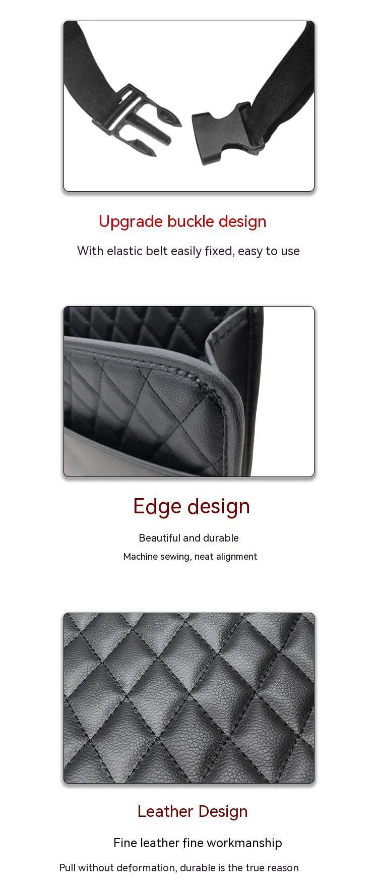 Black leather hanging car storage bag mounted on car headrest showing 25cm dimensions