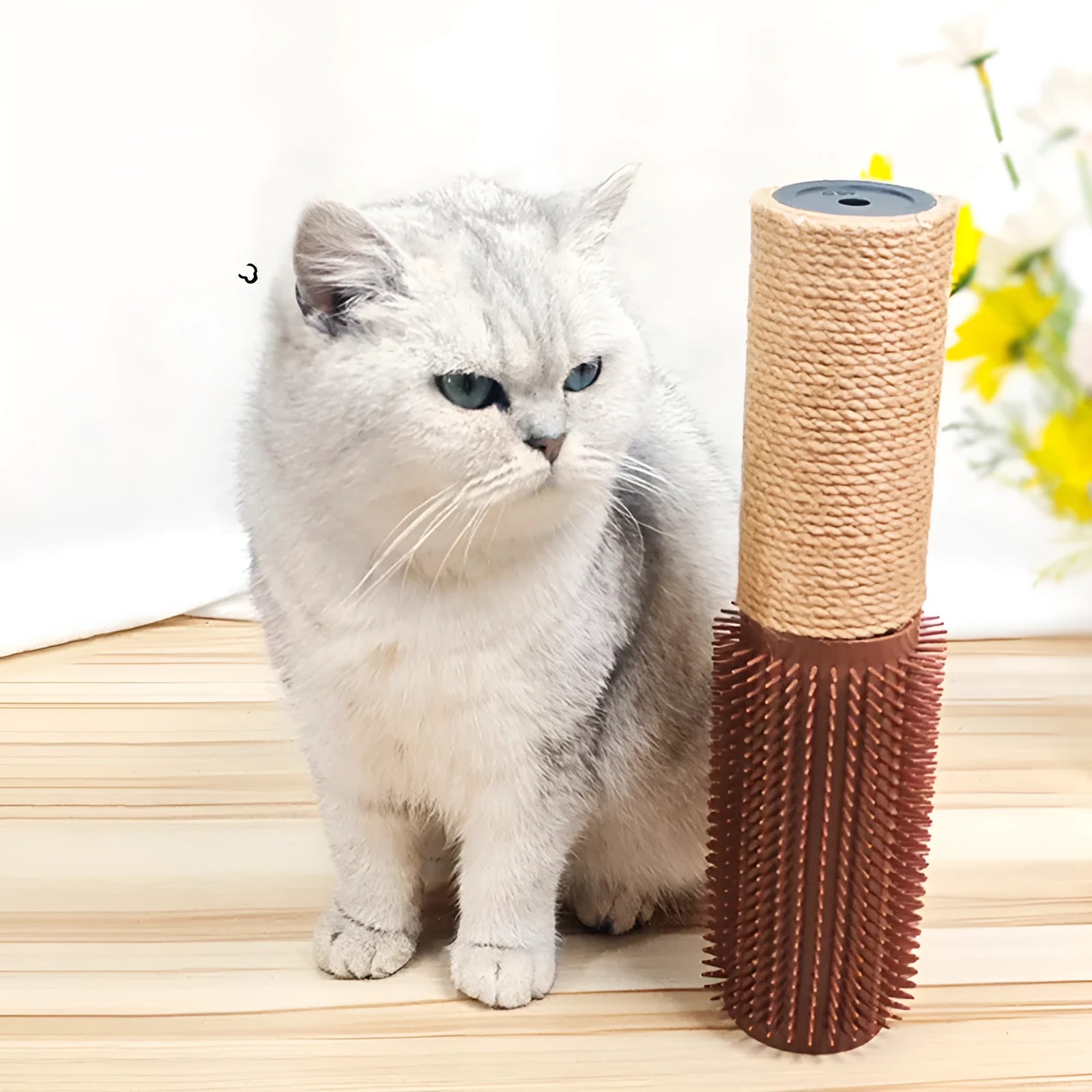 Brown sisal scratching post for cats measuring 30cm tall with natural jute fibre scratching surface
