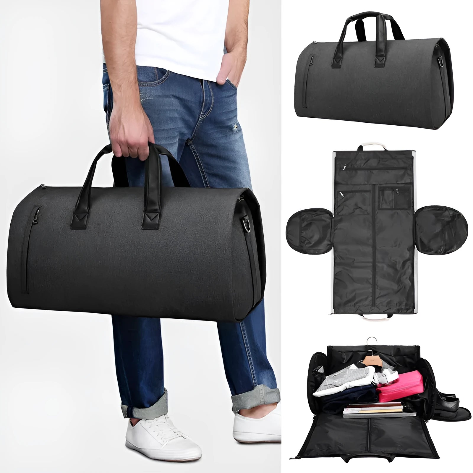 Light grey oval men's travel bag with internal compartments showing wet/dry separation and camera insert pocket.
