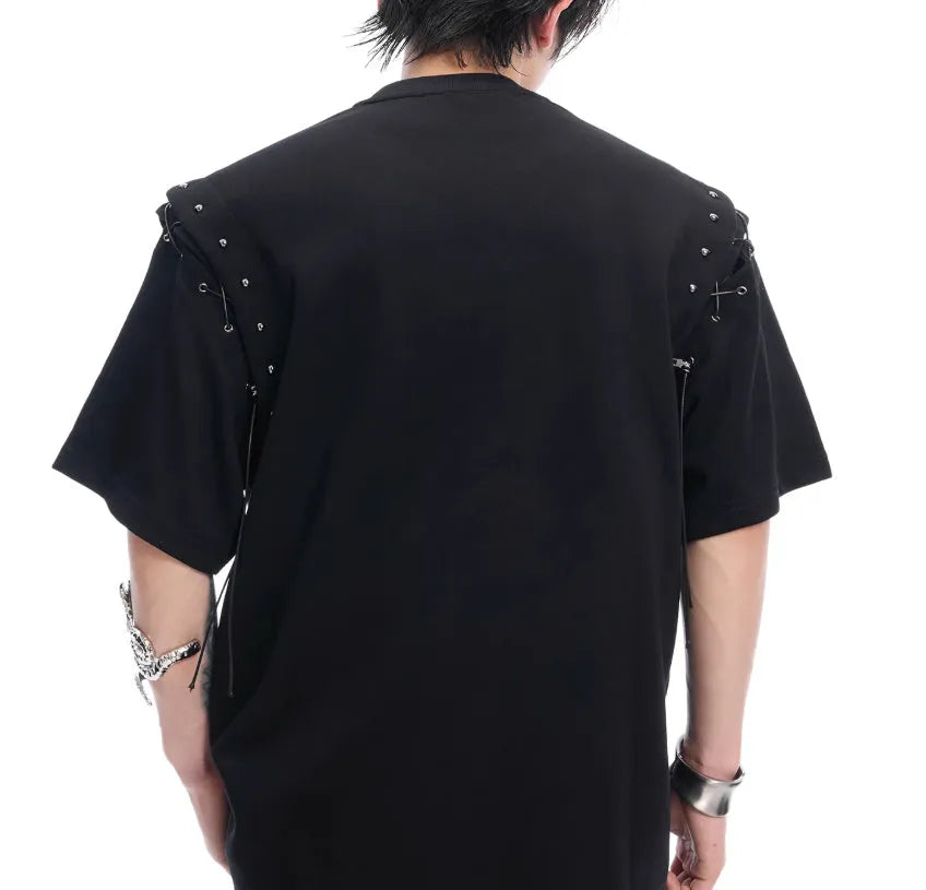 Deconstructed lace-up cutout short sleeve t-shirt in black or white, cotton-polyester blend