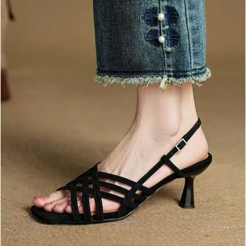Retro women's sandals with thin cross straps, square toe, ankle buckle, and 3-6cm mid-heel
