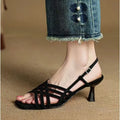 Retro women's sandals with thin cross straps, square toe, ankle buckle, and 3-6cm mid-heel