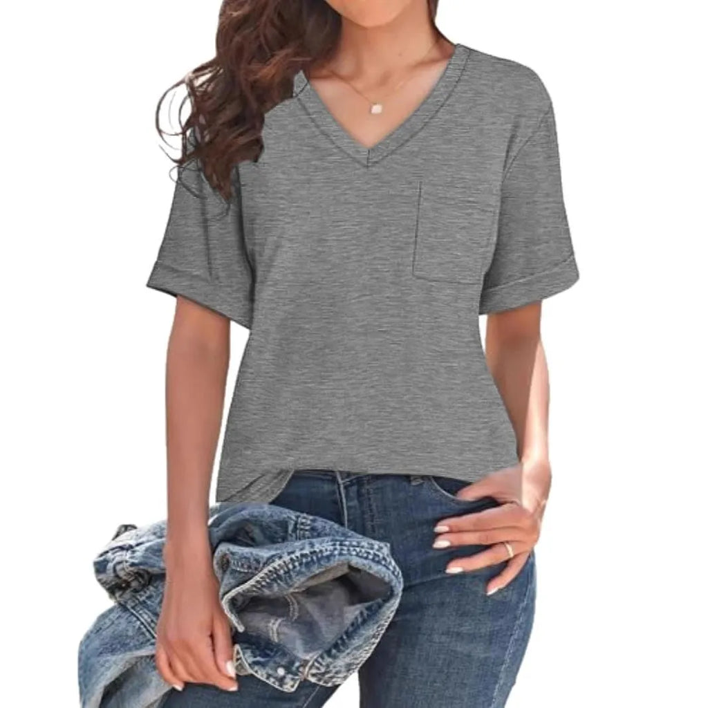 Grey loose V-neck T-shirt with front pocket and short sleeves