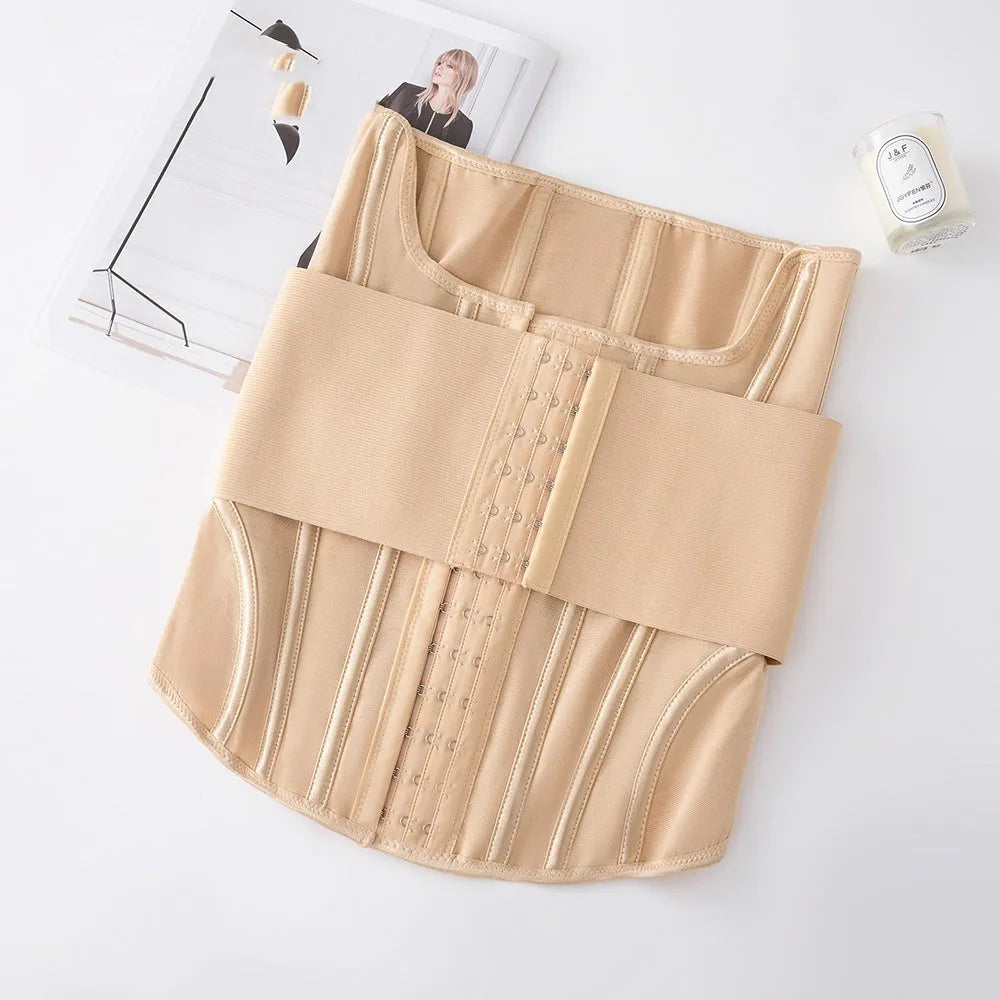 Nylon belly band waist trainer in black or apricot colour with belt tie adjustment