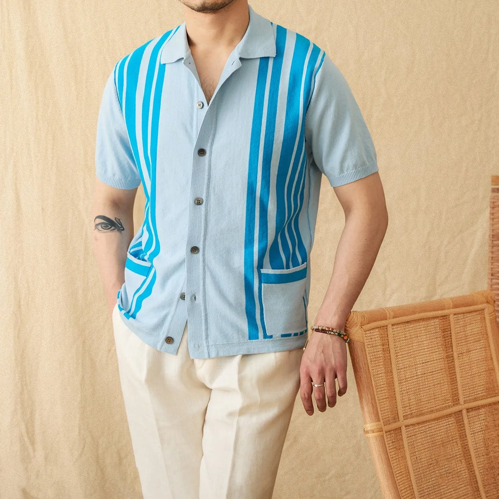 Cotton striped short-sleeved knitted cardigan polo shirt with lapel collar in light blue colour