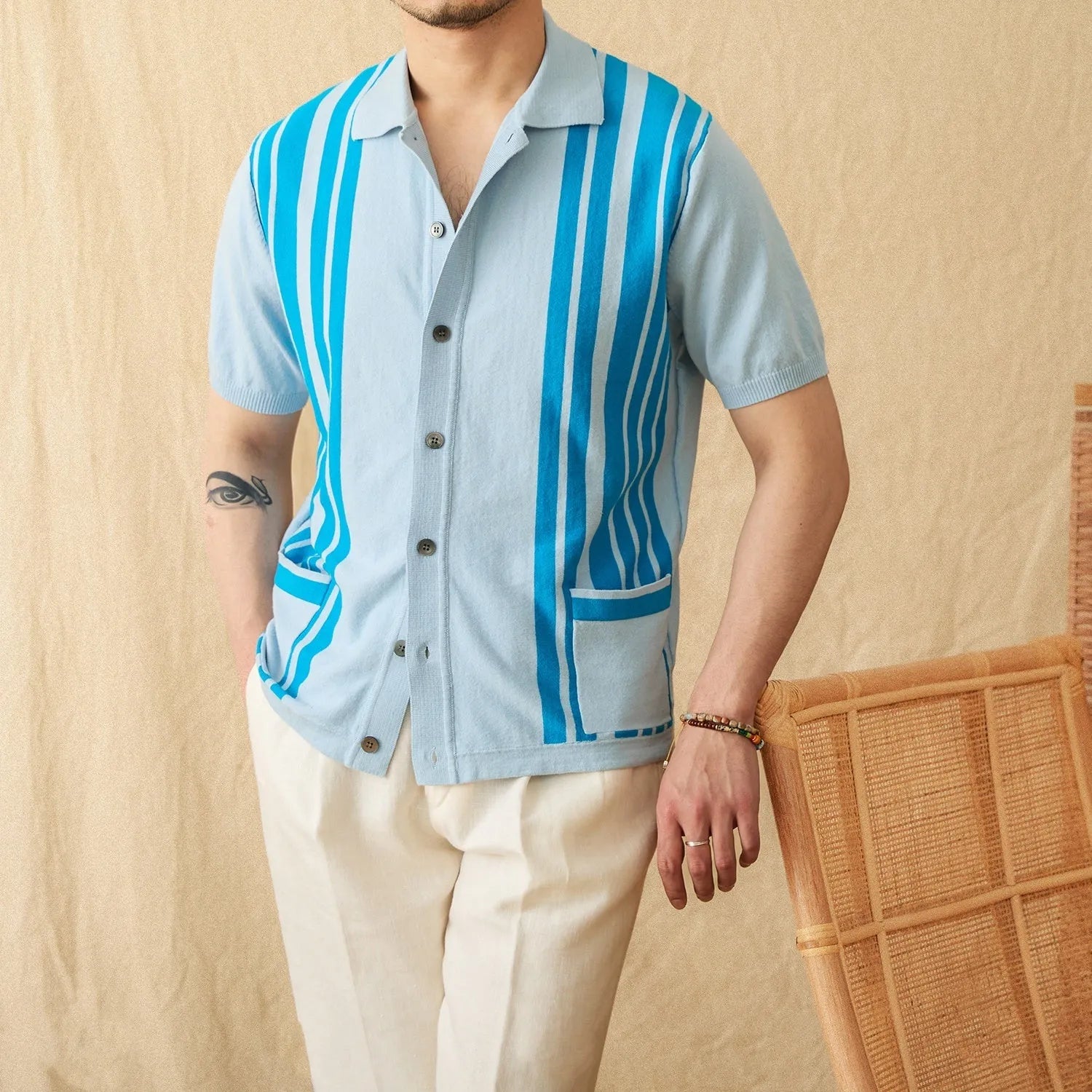 Cotton striped short-sleeved knitted cardigan polo shirt with lapel collar in light blue colour