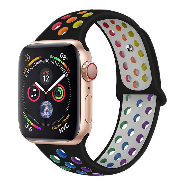 Silicone sports wristband in black, rainbow or white colours showing buckle strap closure