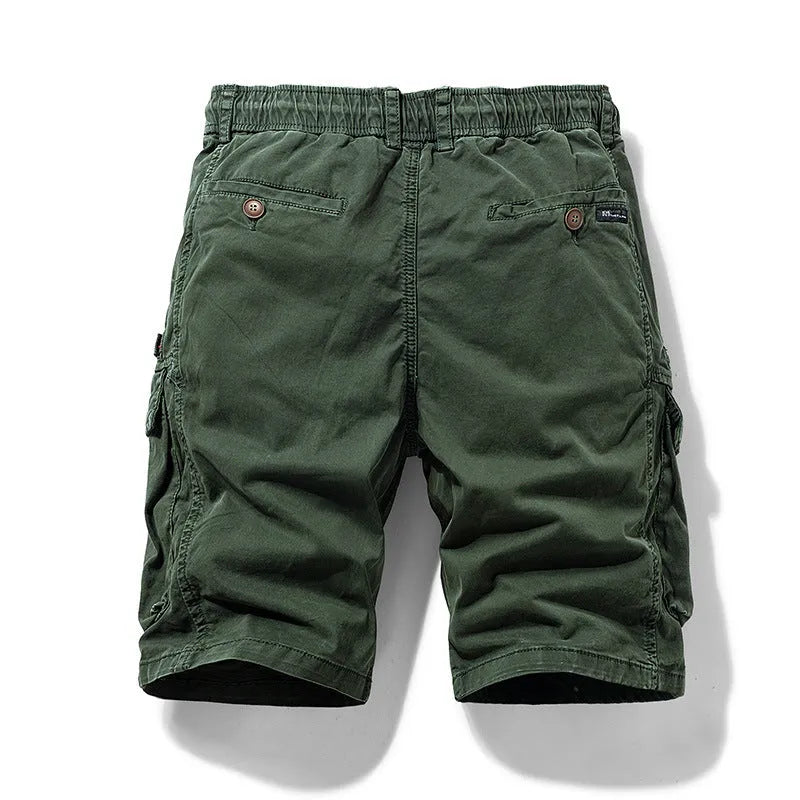Men's cotton multi-pocket shorts with zipper in army green, black, gray, and khaki colors