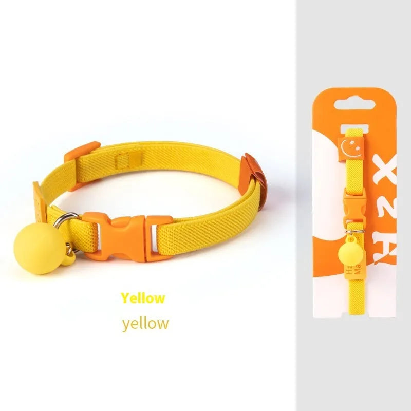 Small dog's elastic polyester collar in a solid colour with a buckle, showing the adjustable length.